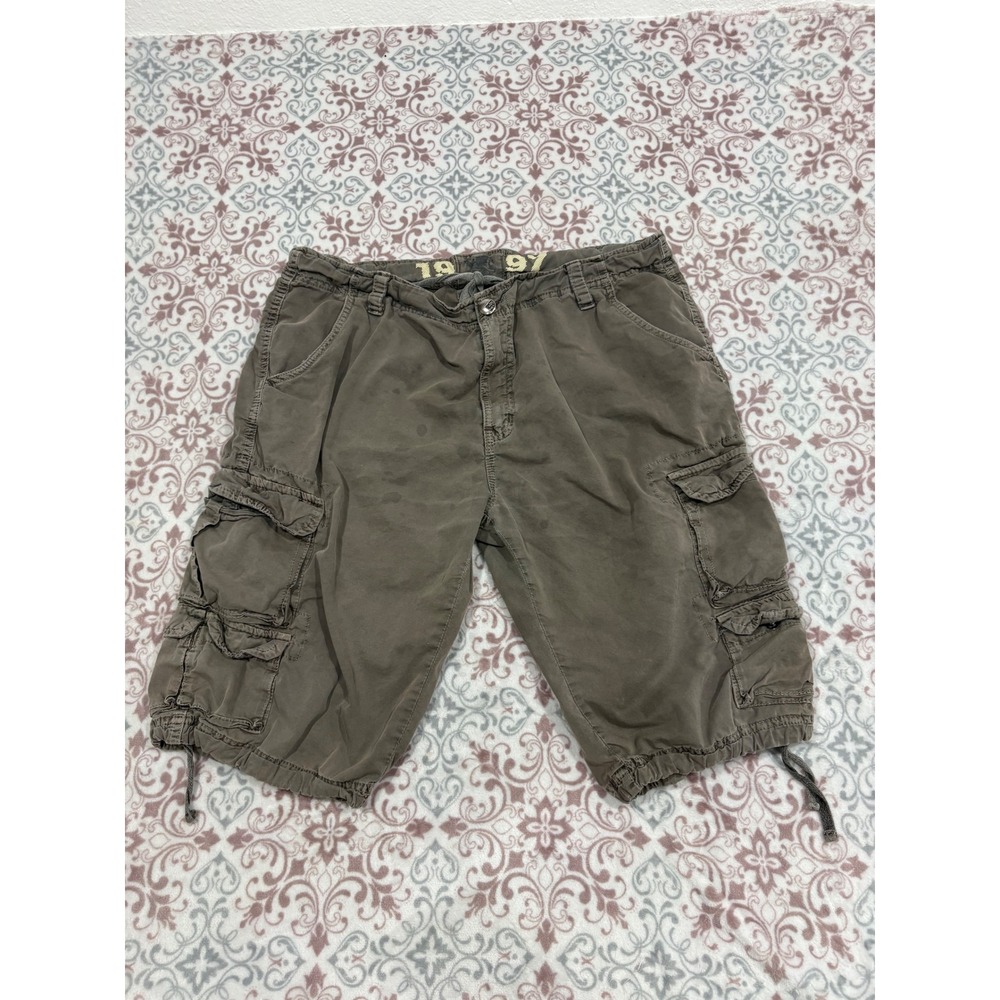 FUSAI Mens Cargo Shorts Size 36 Brown Olive Cotton Multi Pocket Utility 1997